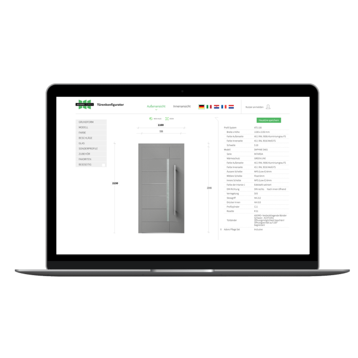 Ein Laptop mit dem Haustür-Konfigurator von Fensterbau Hartmann.